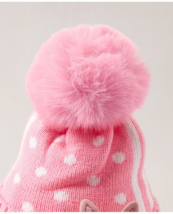 Babyhug Pom Pom Woollen  Cap with Knot Polka Dot Design  - Pink
