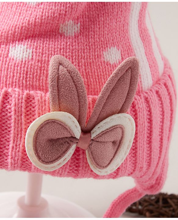 Babyhug Pom Pom Woollen  Cap with Knot Polka Dot Design  - Pink