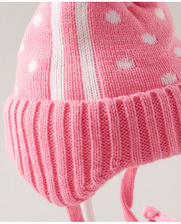 Babyhug Pom Pom Woollen  Cap with Knot Polka Dot Design  - Pink