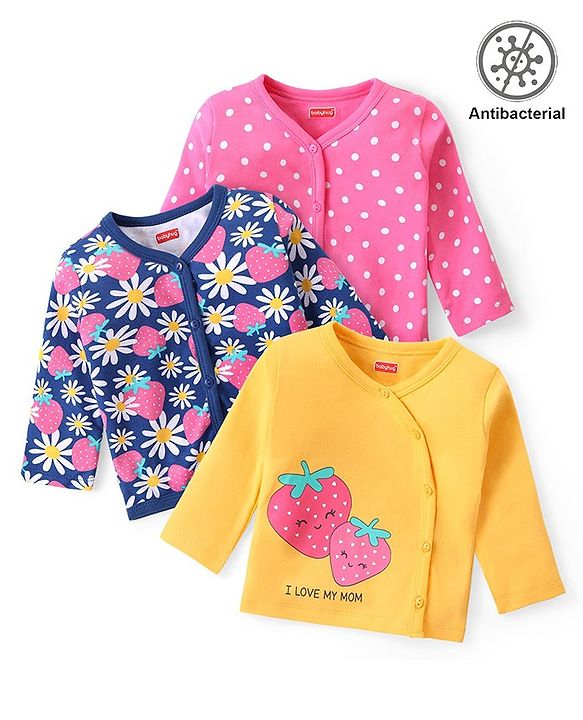 Babyhug 100% Cotton Knit Antibacterial Front Open Full Sleeves Vests with Floral & Polka Dots Print Pack of 3 - Multicolour