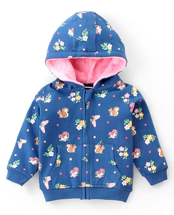 Babyhug Full Sleeve Front Open Hooded  Sweat Jacket with Floral Print & Pocket Detailing  - Blue