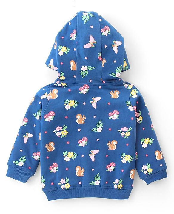 Babyhug Full Sleeve Front Open Hooded  Sweat Jacket with Floral Print & Pocket Detailing  - Blue