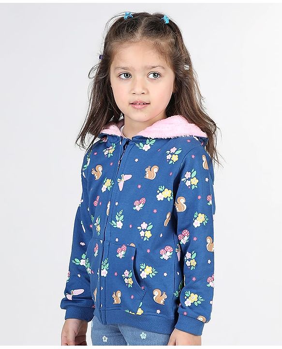 Babyhug Full Sleeve Front Open Hooded  Sweat Jacket with Floral Print & Pocket Detailing  - Blue