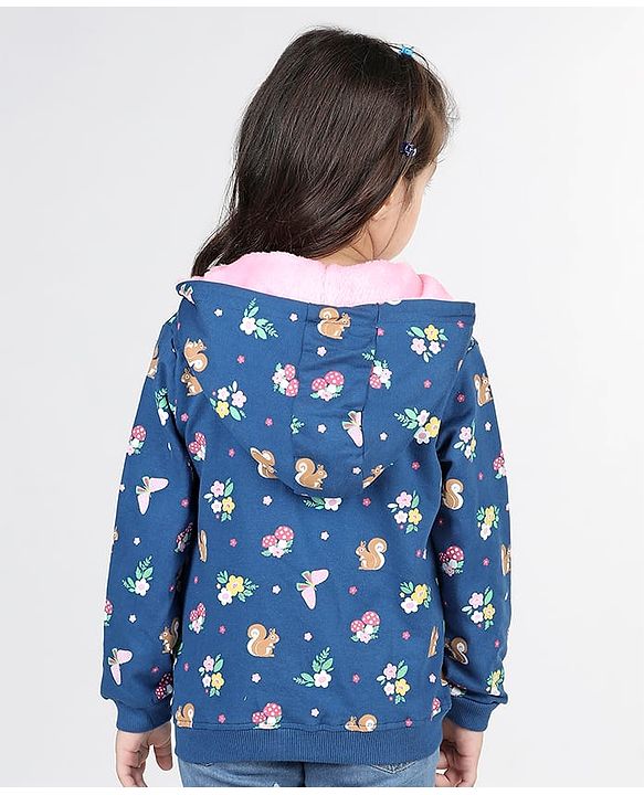 Babyhug Full Sleeve Front Open Hooded  Sweat Jacket with Floral Print & Pocket Detailing  - Blue