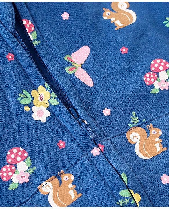 Babyhug Full Sleeve Front Open Hooded  Sweat Jacket with Floral Print & Pocket Detailing  - Blue