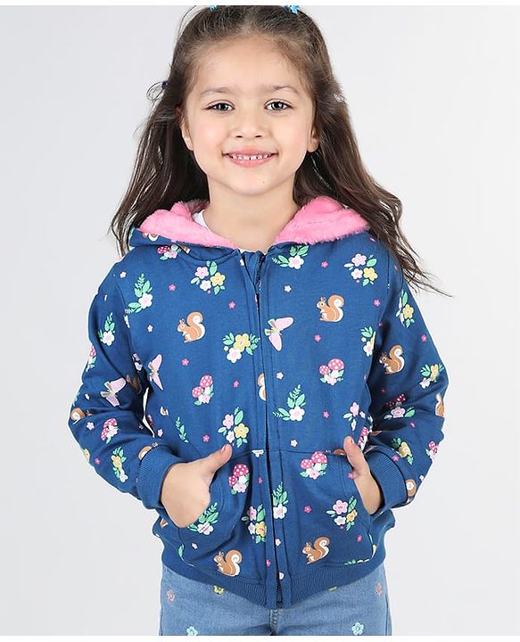 Babyhug Full Sleeve Front Open Hooded  Sweat Jacket with Floral Print & Pocket Detailing  - Blue