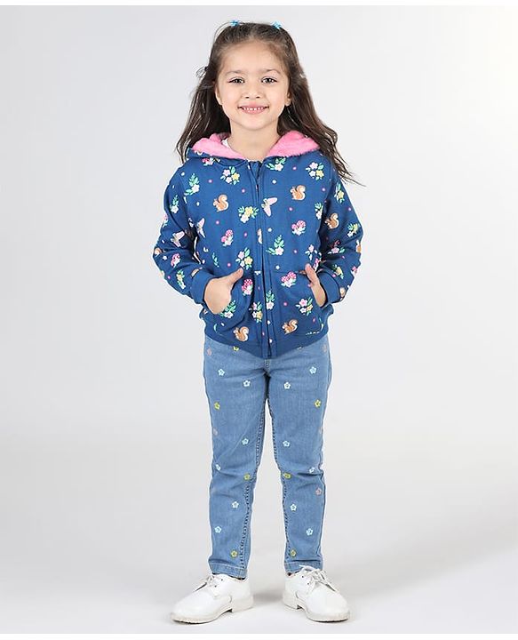 Babyhug Full Sleeve Front Open Hooded  Sweat Jacket with Floral Print & Pocket Detailing  - Blue