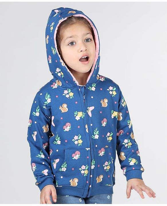 Babyhug Full Sleeve Front Open Hooded  Sweat Jacket with Floral Print & Pocket Detailing  - Blue