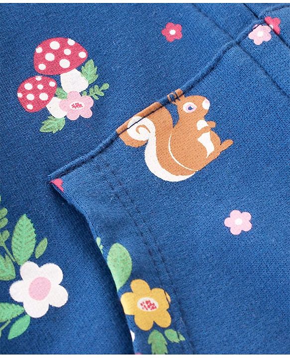 Babyhug Full Sleeve Front Open Hooded  Sweat Jacket with Floral Print & Pocket Detailing  - Blue