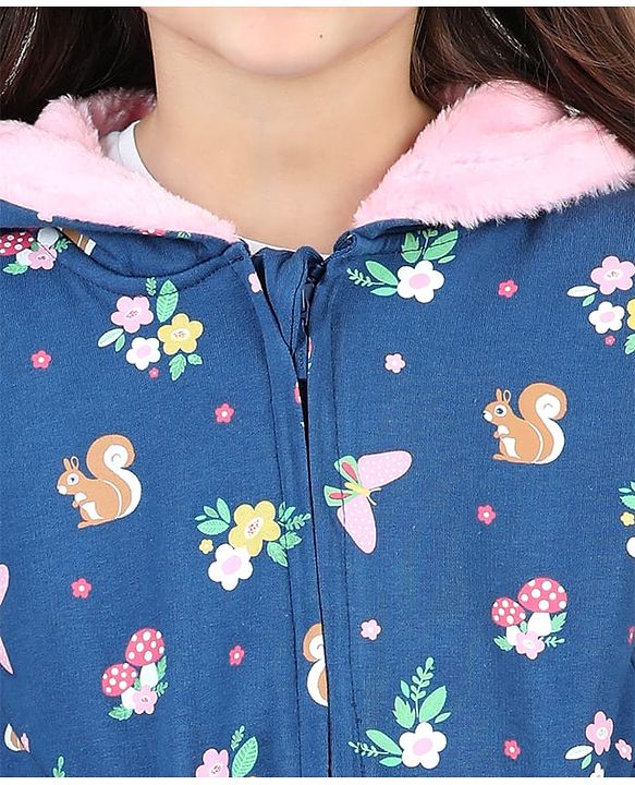 Babyhug Full Sleeve Front Open Hooded  Sweat Jacket with Floral Print & Pocket Detailing  - Blue