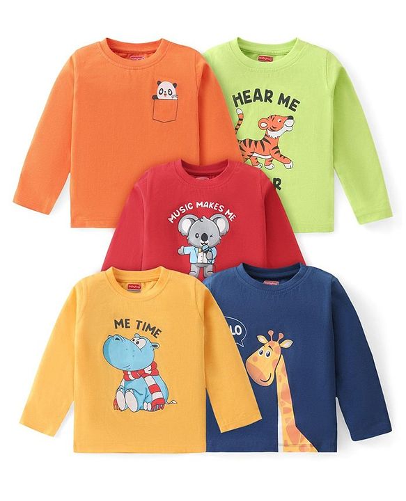 Babyhug Cotton Knit  Full Sleeves T-Shirt with Animal Graphics Pack of 5 - Multicolor