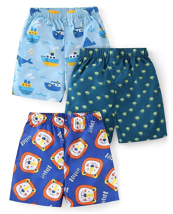 Babyhug Cotton Woven Boats & Lions Printed Boxers Pack of 3 - Multicolour