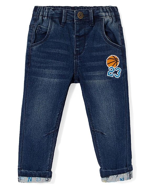 Babyhug Denim Stretchable Jeans With Basketball Embroidery - Blue