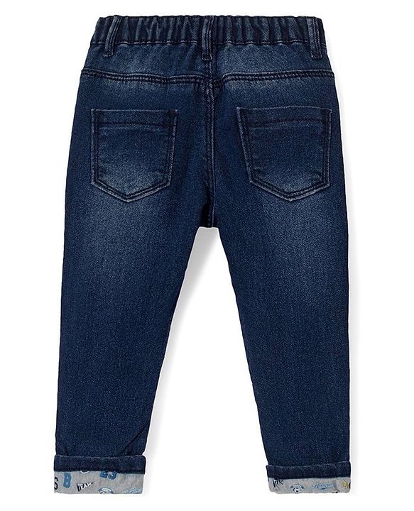 Babyhug Denim Stretchable Jeans With Basketball Embroidery - Blue
