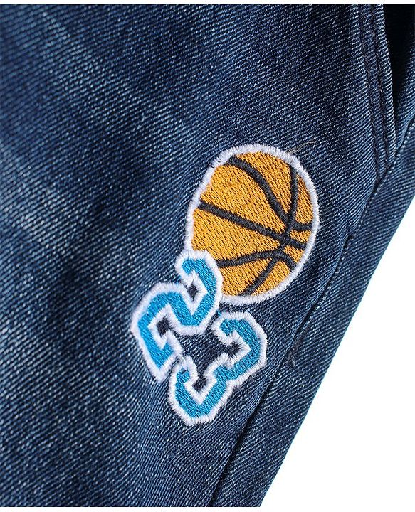 Babyhug Denim Stretchable Jeans With Basketball Embroidery - Blue