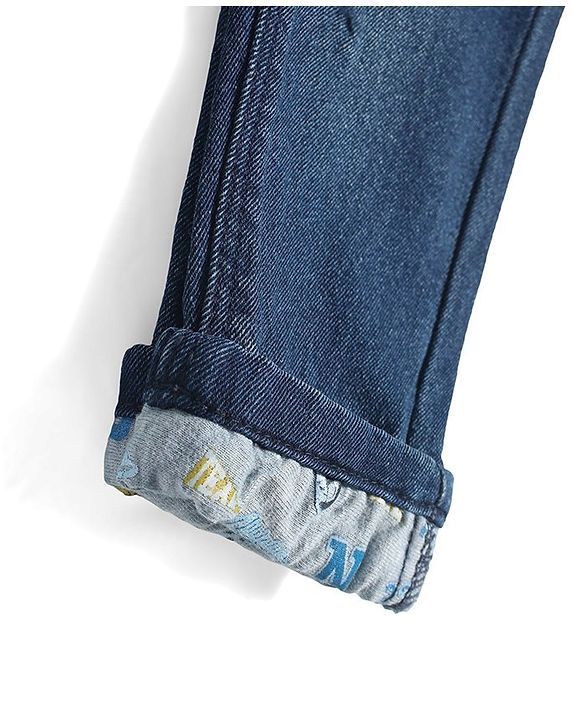 Babyhug Denim Stretchable Jeans With Basketball Embroidery - Blue