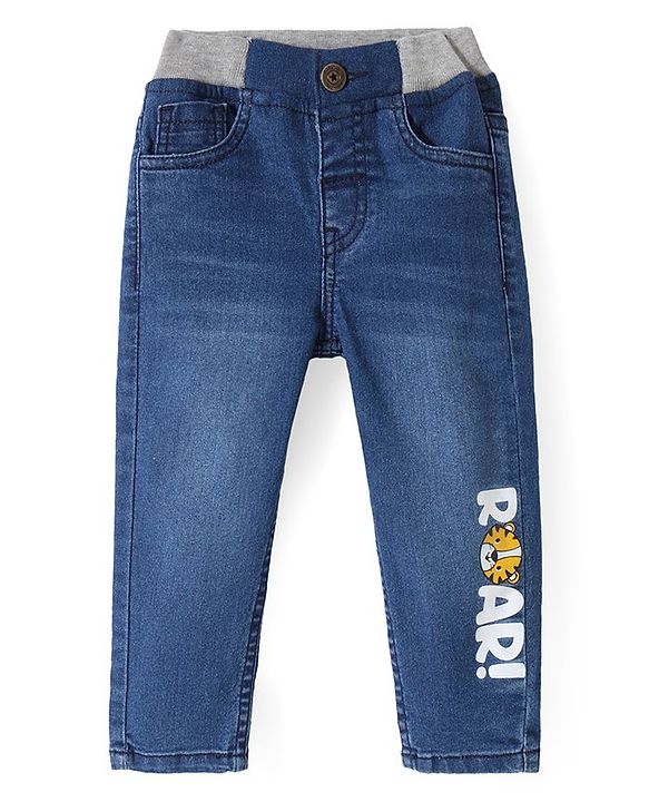 Babyhug Full Length Stretchable Denim Jeans with Text Print - Blue