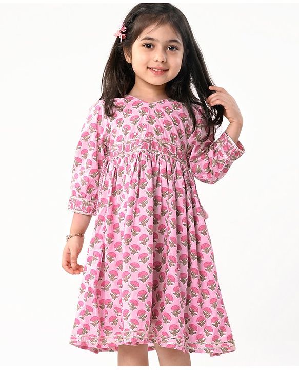 Babyhug Cotton Three Fourth Sleeves Ethnic Dress with Tassle Detailing Floral Print - Pink