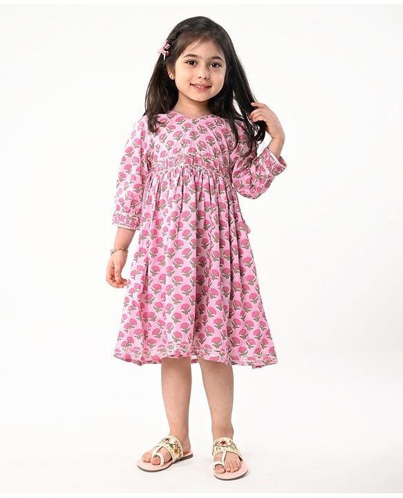 Babyhug Cotton Three Fourth Sleeves Ethnic Dress with Tassle Detailing Floral Print - Pink