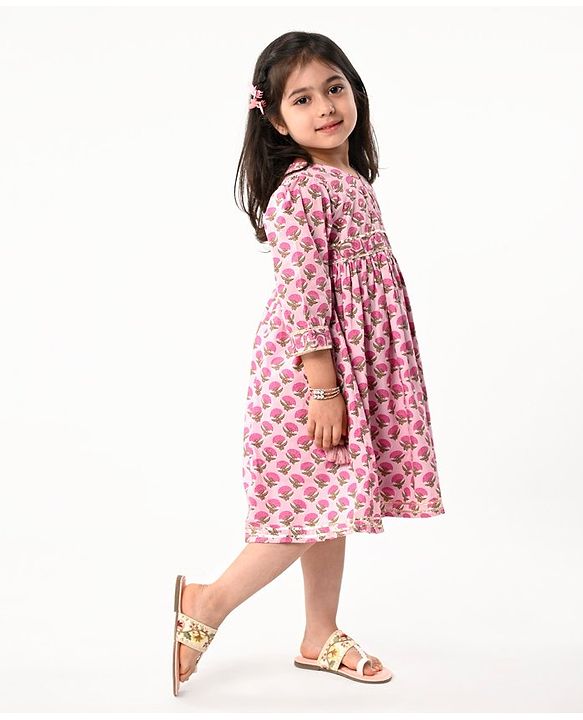 Babyhug Cotton Three Fourth Sleeves Ethnic Dress with Tassle Detailing Floral Print - Pink