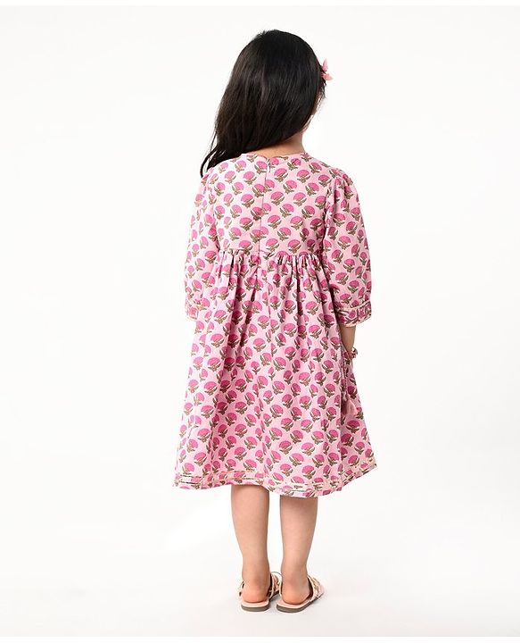 Babyhug Cotton Three Fourth Sleeves Ethnic Dress with Tassle Detailing Floral Print - Pink