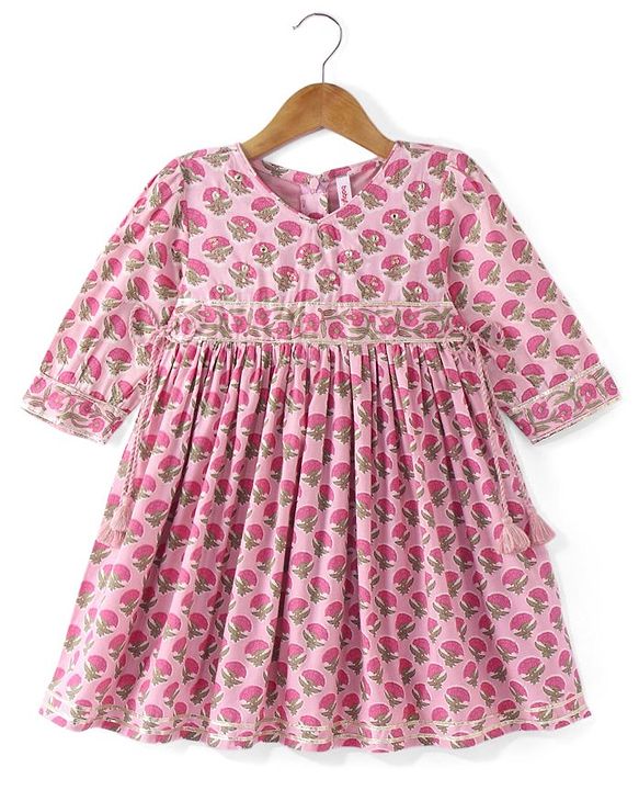 Babyhug Cotton Three Fourth Sleeves Ethnic Dress with Tassle Detailing Floral Print - Pink
