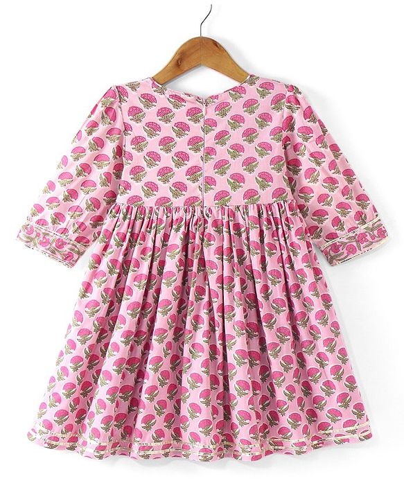 Babyhug Cotton Three Fourth Sleeves Ethnic Dress with Tassle Detailing Floral Print - Pink