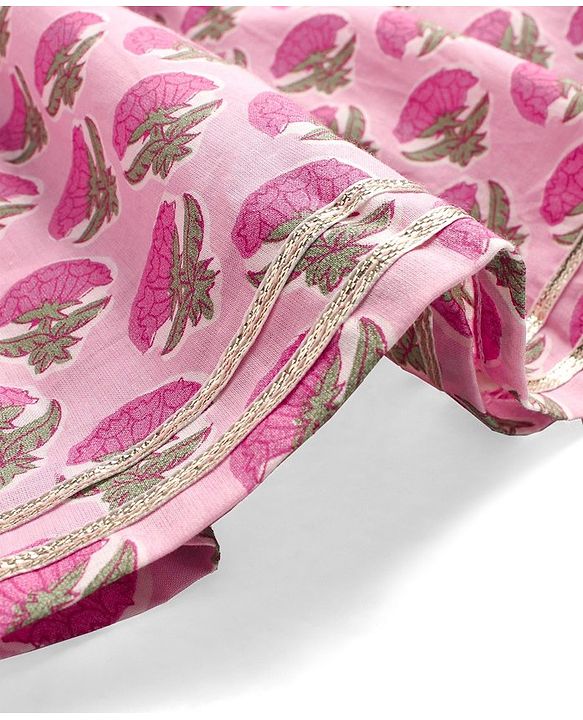 Babyhug Cotton Three Fourth Sleeves Ethnic Dress with Tassle Detailing Floral Print - Pink