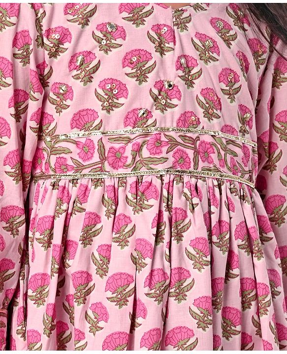 Babyhug Cotton Three Fourth Sleeves Ethnic Dress with Tassle Detailing Floral Print - Pink