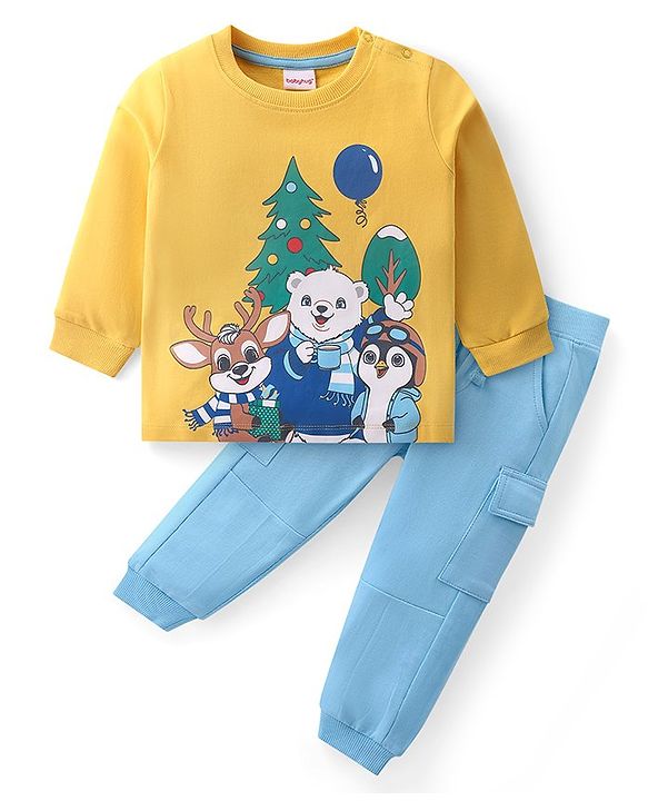 Babyhug Cotton Knit Full Sleeves T-Shirt & Lounge Pants Set With Animals Print - Yellow & Blue