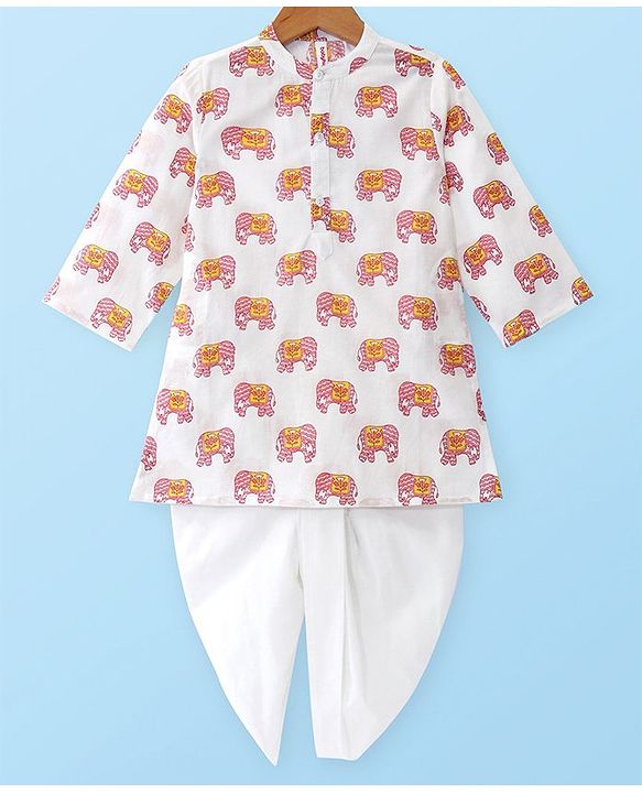 Babyhug Cotton Full Sleeves Kurta Dhoti Set Elephant Print - White