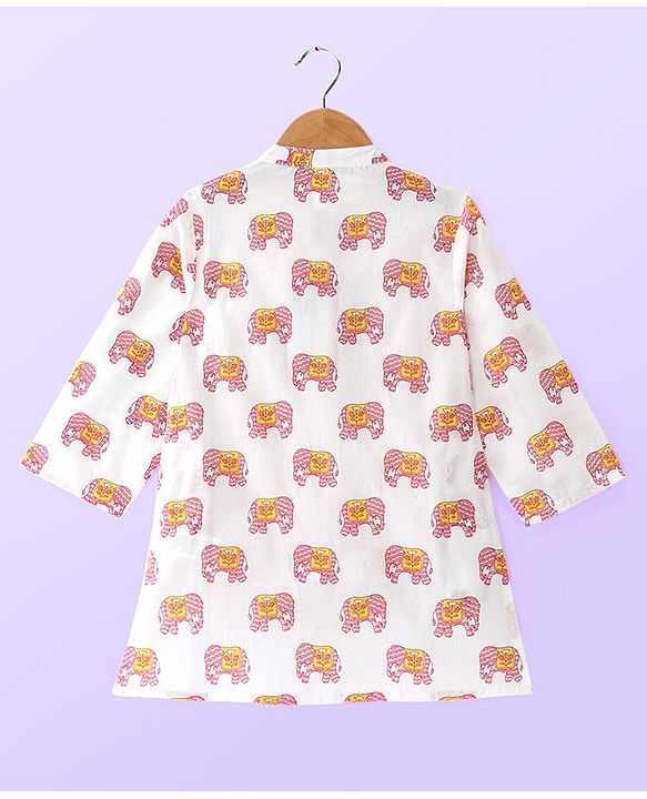 Babyhug Cotton Full Sleeves Kurta Dhoti Set Elephant Print - White