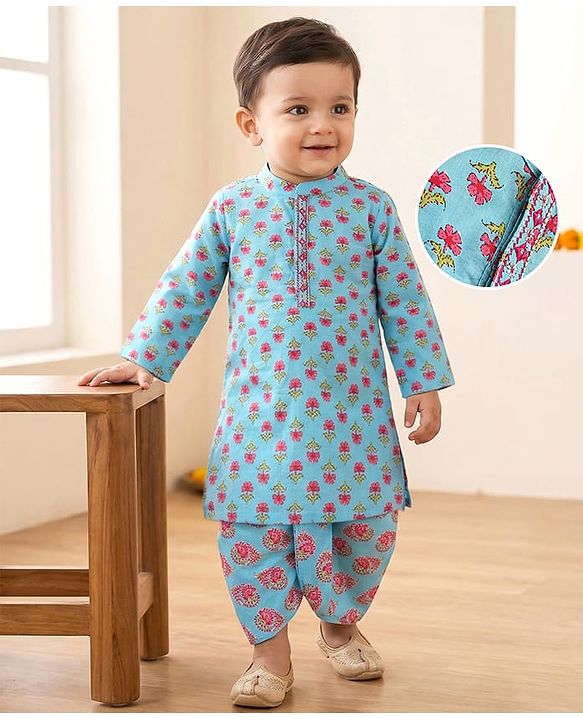 Babyhug Cotton Woven Full Sleeves Floral Printed Kurta Dhoti Set - Light Blue
