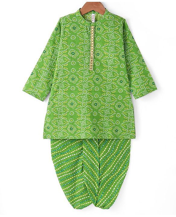 Babyhug Cotton Woven Full Sleeves Kurta Dhoti Set with Bandhani Print - Green