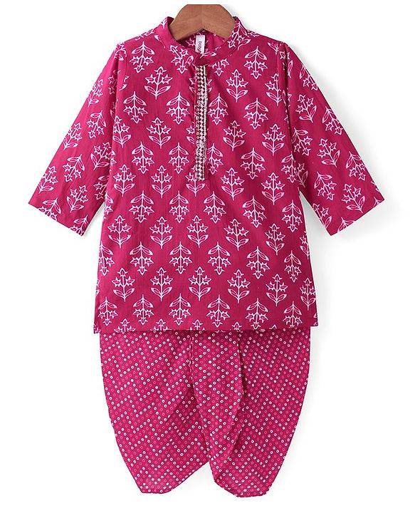Babyhug Cotton Woven Full Sleeves Floral Printed Kurta & Dhoti Set - Dark Pink