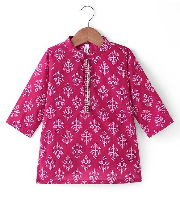 Babyhug Cotton Woven Full Sleeves Floral Printed Kurta & Dhoti Set - Dark Pink