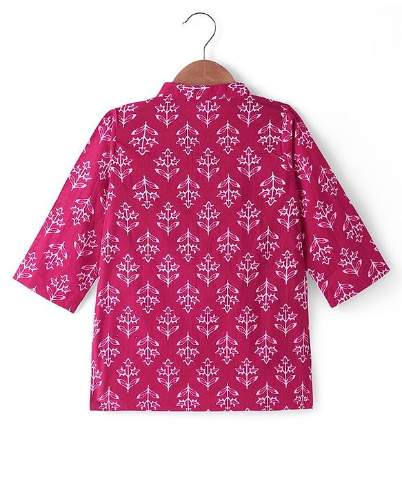 Babyhug Cotton Woven Full Sleeves Floral Printed Kurta & Dhoti Set - Dark Pink