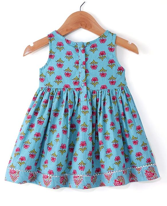 Babyhug Cotton Woven Sleeveless Ethnic Frock with Floral Print & Sequin Detailing - Blue