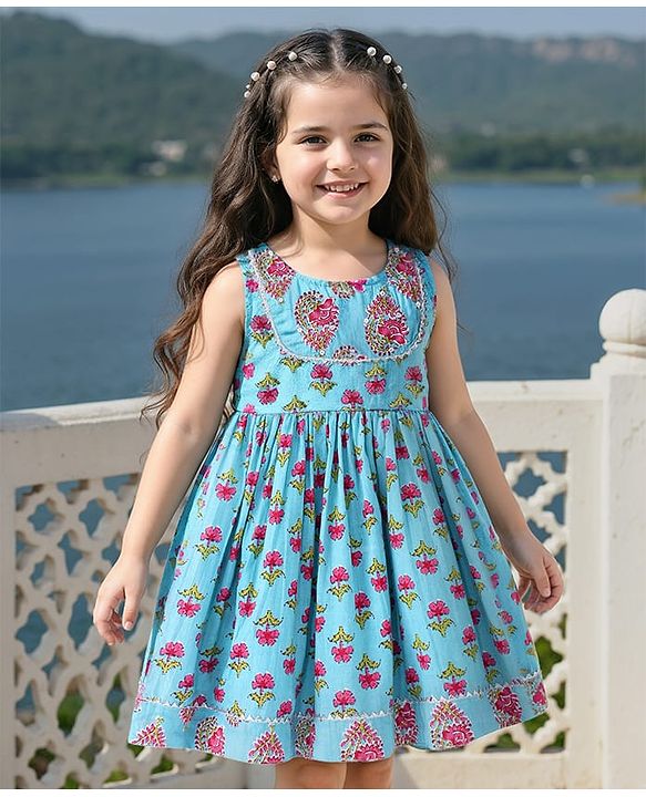 Babyhug Cotton Woven Sleeveless Ethnic Frock with Floral Print & Sequin Detailing - Blue