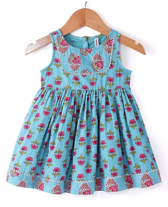 Babyhug Cotton Woven Sleeveless Ethnic Frock with Floral Print & Sequin Detailing - Blue