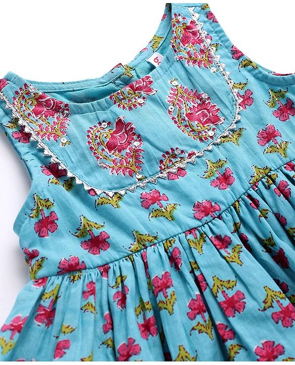 Babyhug Cotton Woven Sleeveless Ethnic Frock with Floral Print & Sequin Detailing - Blue