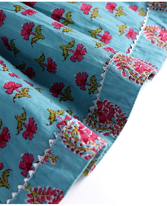 Babyhug Cotton Woven Sleeveless Ethnic Frock with Floral Print & Sequin Detailing - Blue