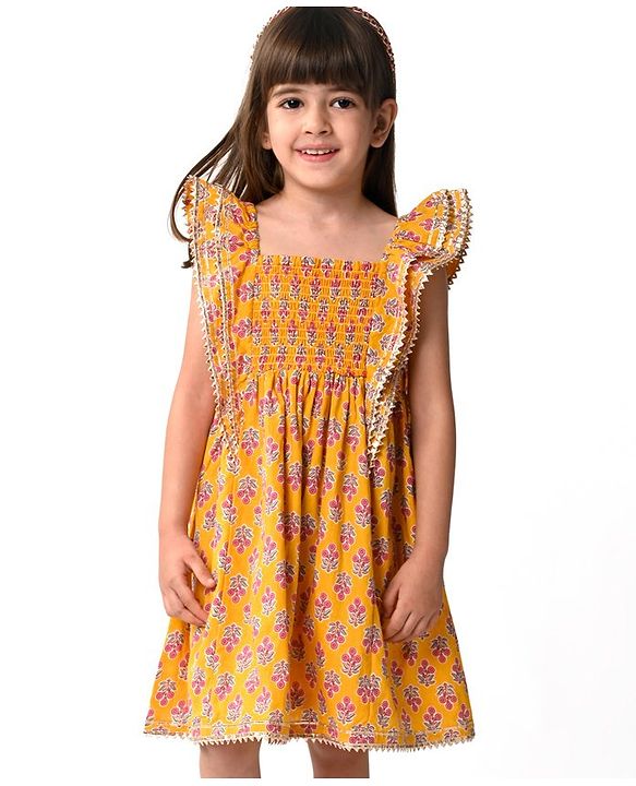 Babyhug Cotton Woven Cap Sleeves Ethinic Dress with Floral Print Ruffle Detailing -Mustard