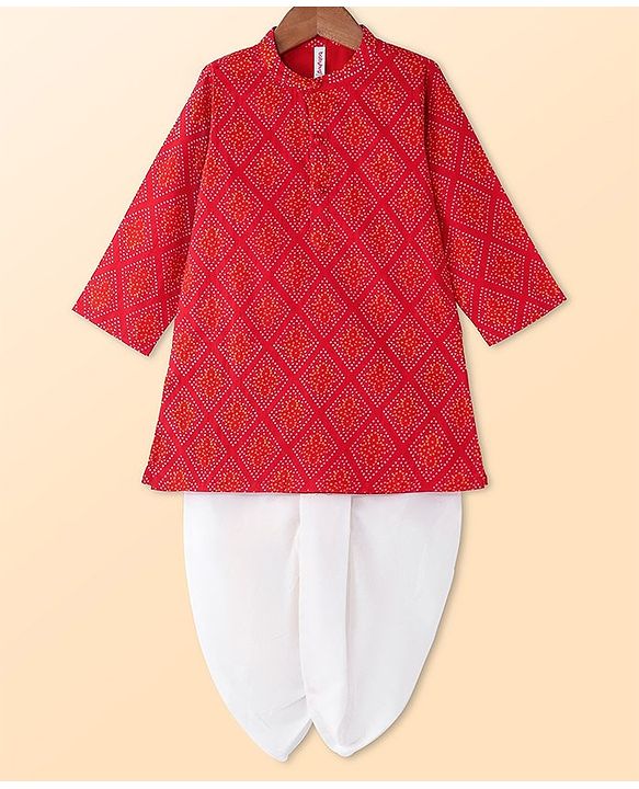 Babyhug Cotton Woven Full Sleeves Bandhani Printed Kurta With Solid Dhoti Set - Red