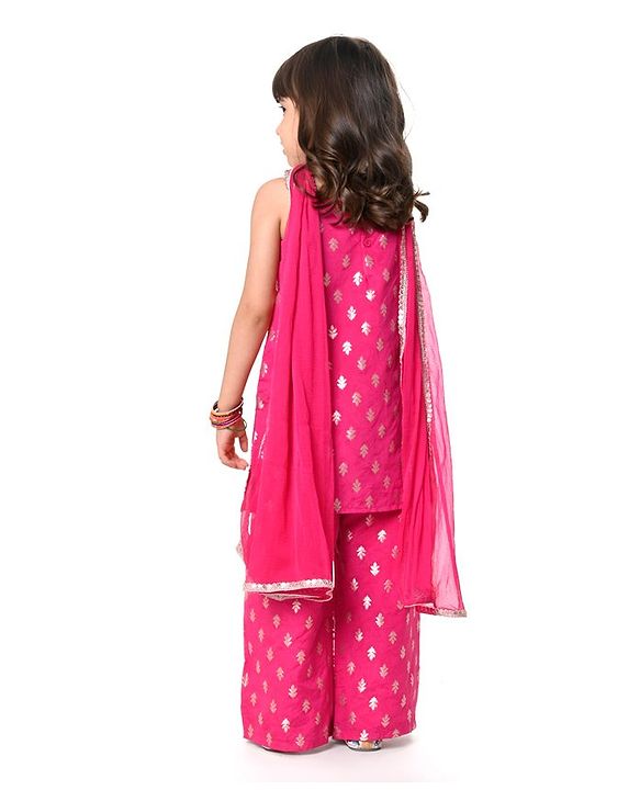 Babyhug Woven Sleeveless Brocade Kurti Palazzo & Dupatta Set Kolka Print - Fuschia