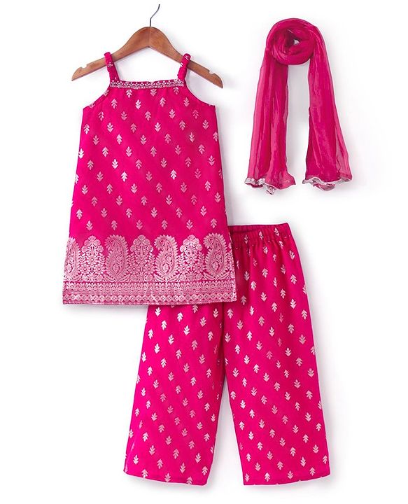 Babyhug Woven Sleeveless Brocade Kurti Palazzo & Dupatta Set Kolka Print - Fuschia