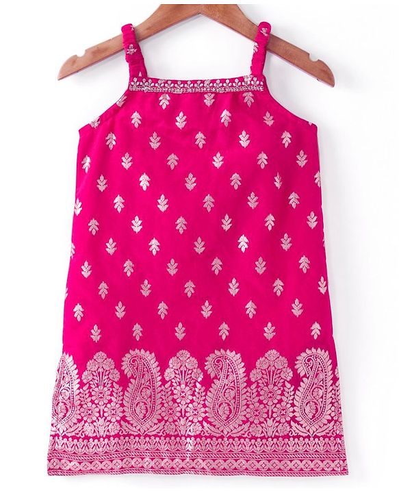 Babyhug Woven Sleeveless Brocade Kurti Palazzo & Dupatta Set Kolka Print - Fuschia