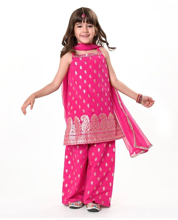Babyhug Woven Sleeveless Brocade Kurti Palazzo & Dupatta Set Kolka Print - Fuschia