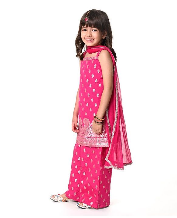 Babyhug Woven Sleeveless Brocade Kurti Palazzo & Dupatta Set Kolka Print - Fuschia