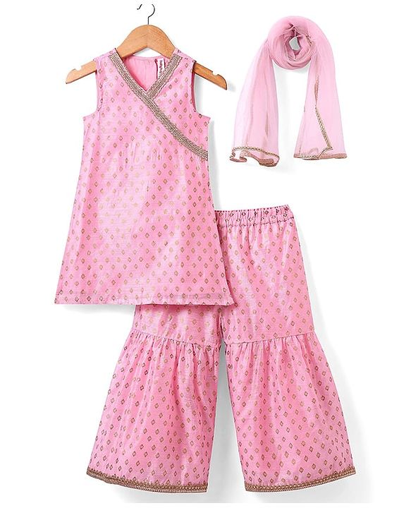 Babyhug Woven Sleeveless Floral Printed Kurta Gharara & Dupatta with Lace Detailing - Pink